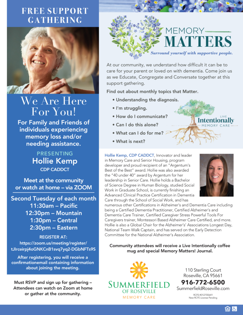 Summerfield Roseville Memory Matter support group flyer
